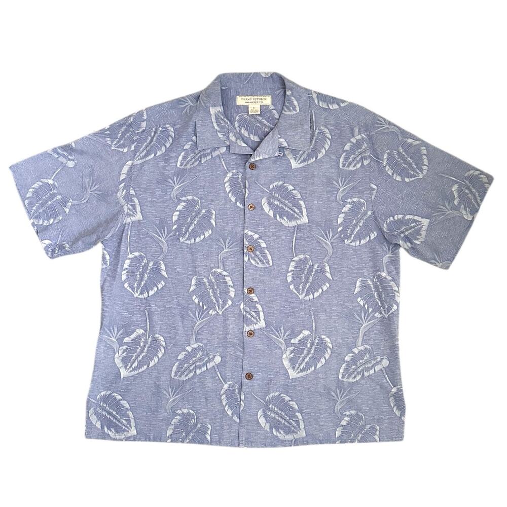 Vtg Island Republic Men XL Hawaiian Shirt 100% Silk Blue Leaf Print Aloha Camp